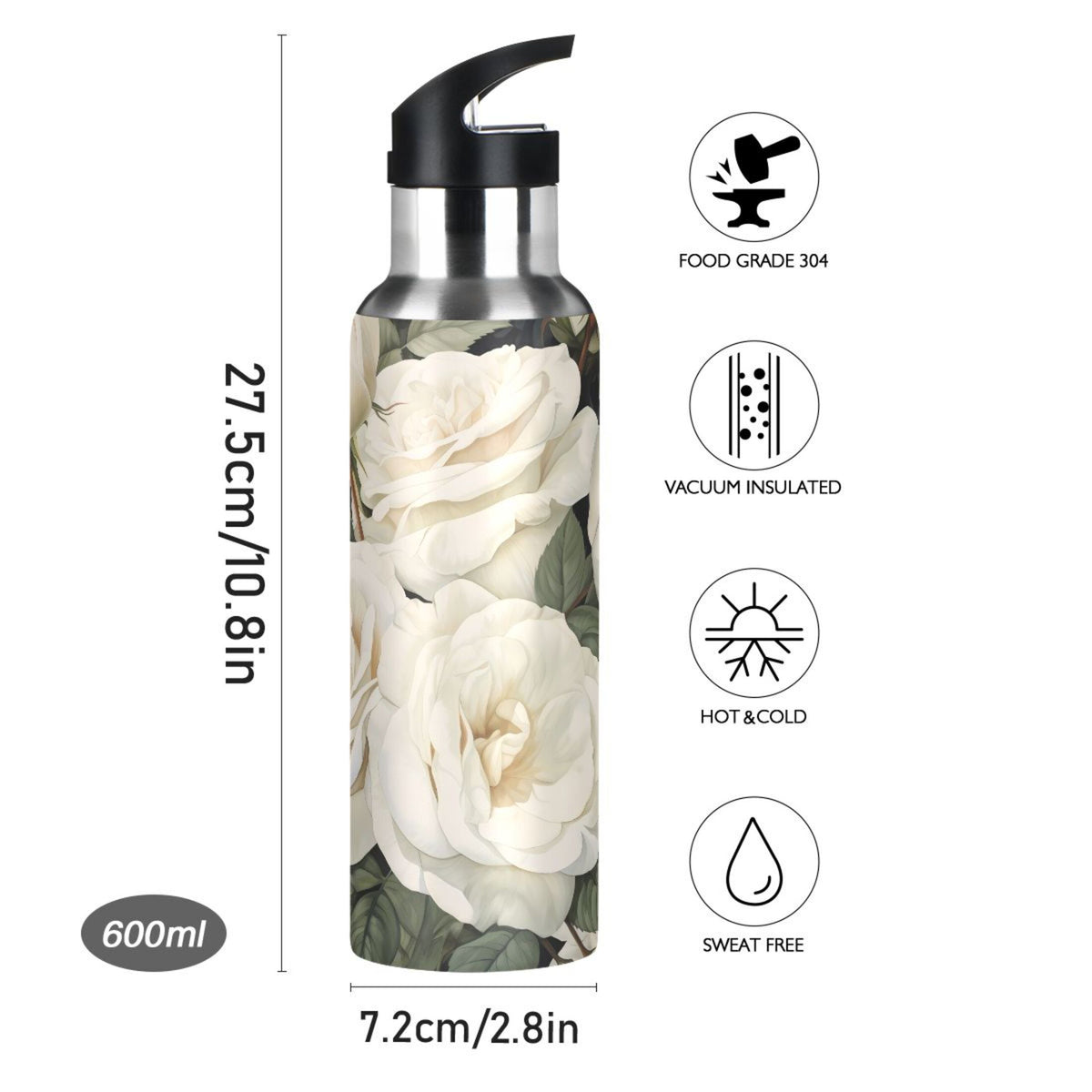 White Roses Stainless Steel Insulated Water Bottle with Straw Lid Z26720