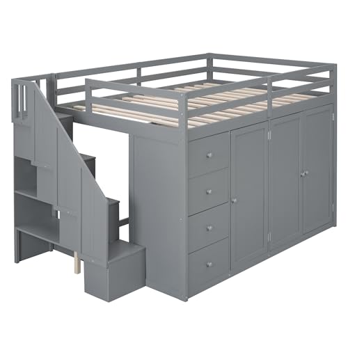 Gray Full Size Loft Bed with Desk Wardrobe 3 Drawers 2 Shelves K77896