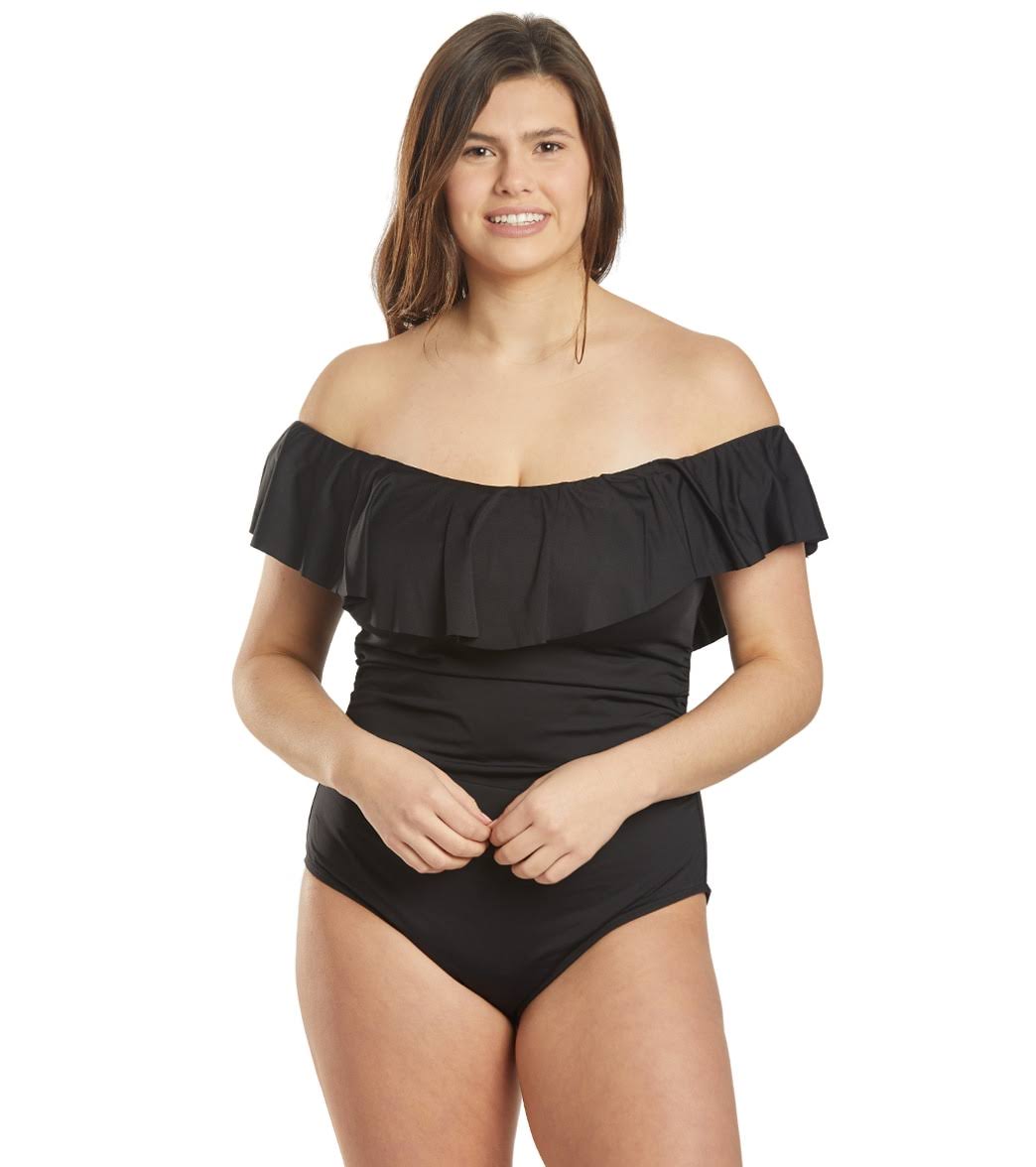 Plus Size Off-The-Shoulder One-Piece Swimsuit - Black L507