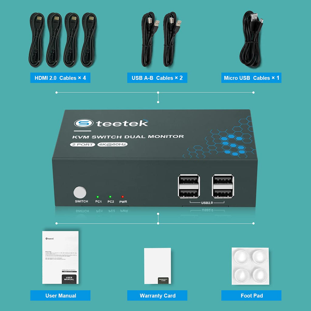 KVM Switch HDMI Dual Monitor, UHD4K@60Hz, 2 Computers Share 2 Monitors, 4 USB 2.0 ports, HDCP2.2 Q791