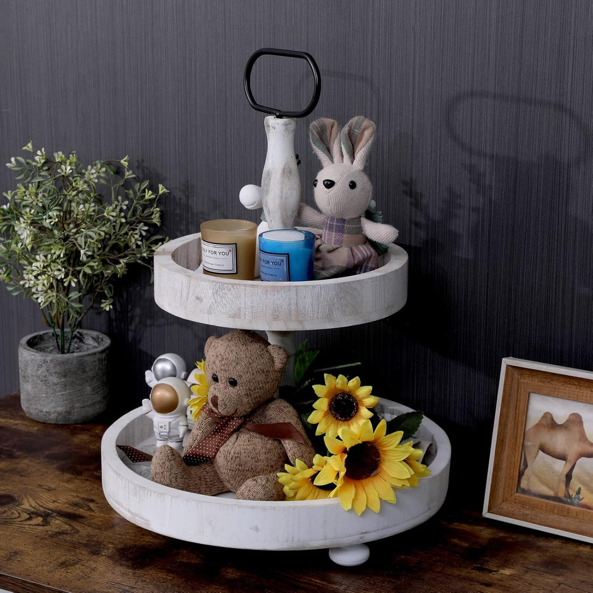 Rustic 2 Tier Cake Stand with Handle and Coaster L48425