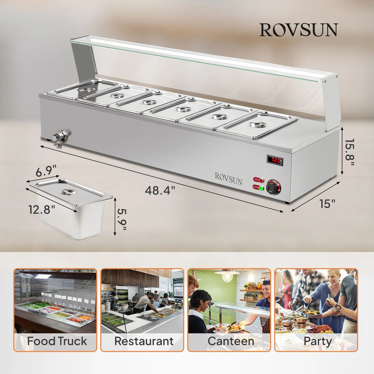 48QT 1500W Electric Commercial Food Warmer Stainless Steel Steam Table D4098