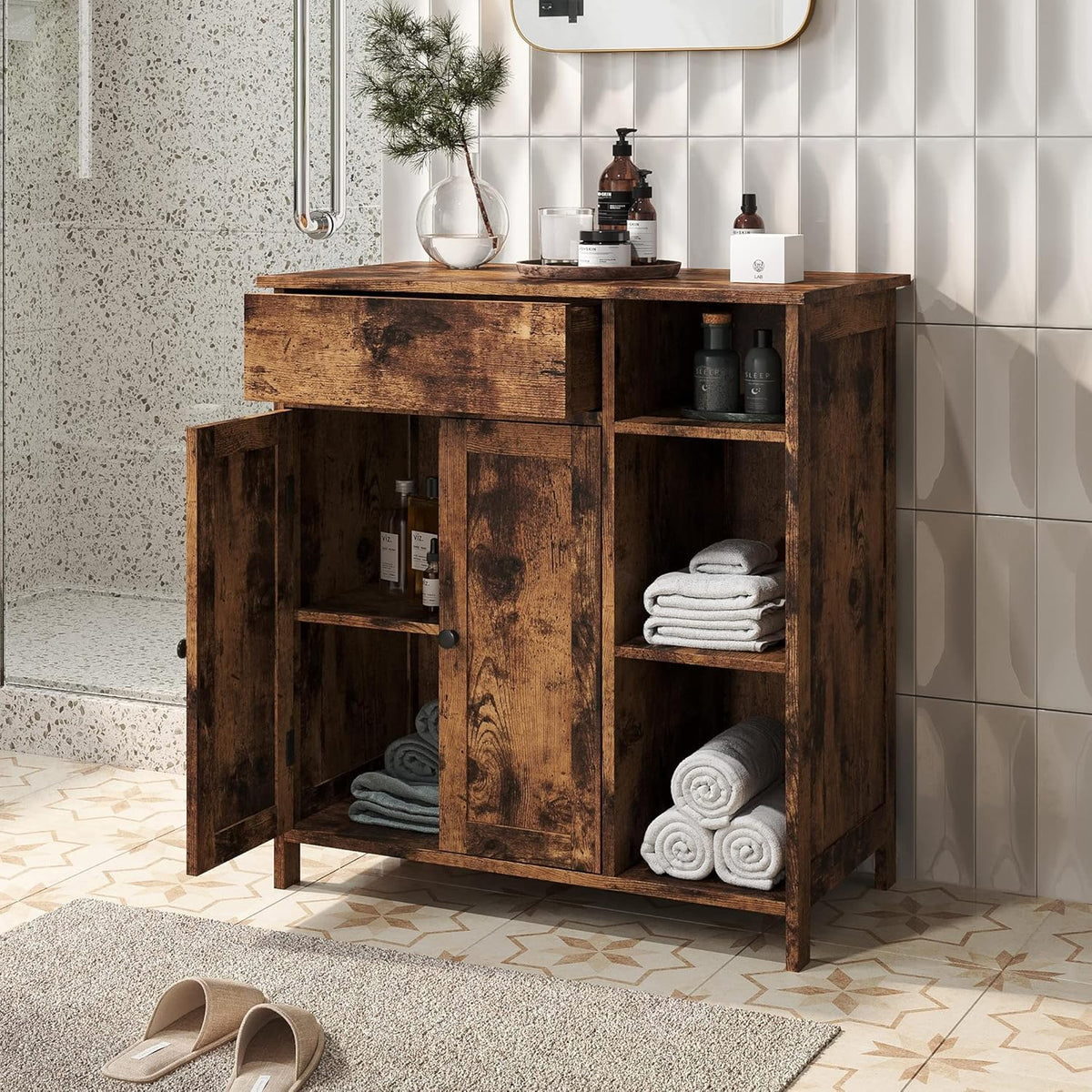 Free-Standing Bathroom Cabinet with 2 Door Drawer Adjustable Shelf 3 Open Shelves X863