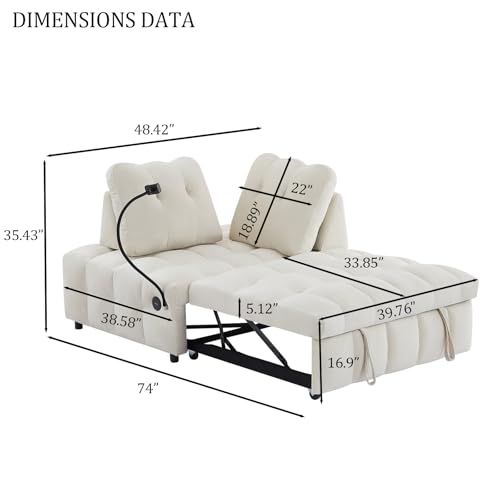 48" Convertible Sleeper Sofa Couch Bed, 3-in-1 Velvet Tufted Pull Out Couch with Charge Ports and Phone Holders, Comfy Modern Loveseat Sleeper Chaise Lounge (Grey) B101