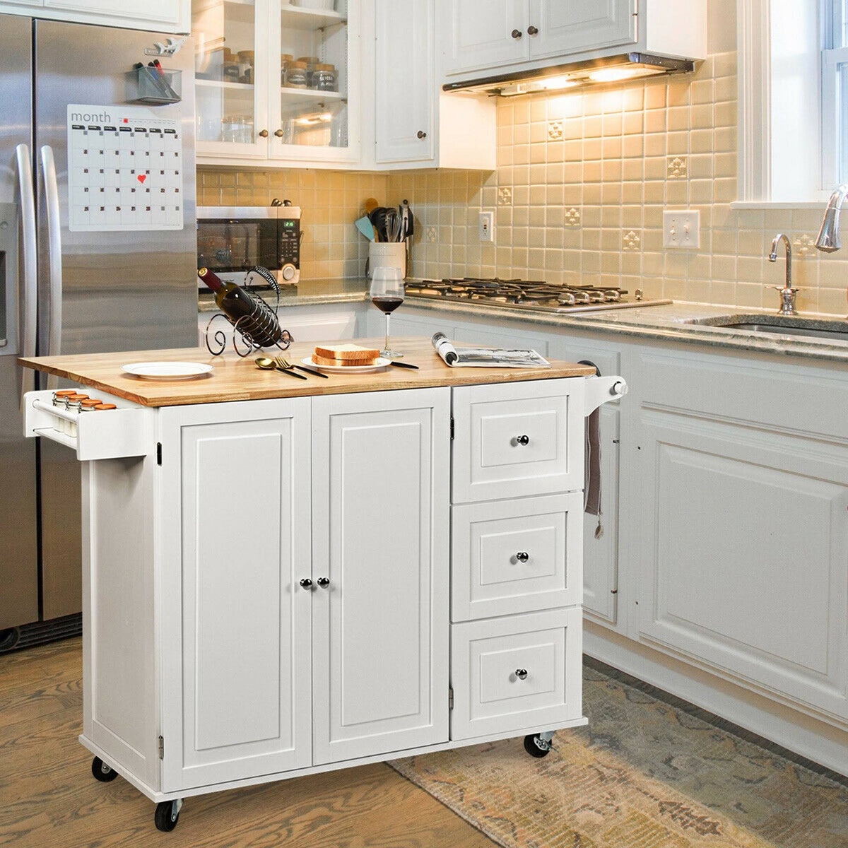 White Drop-Leaf Kitchen Island Trolley Cart Wood Storage Cabinet Q238616