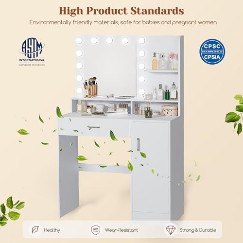 White Vanity Desk with Mirror & Lights V570586