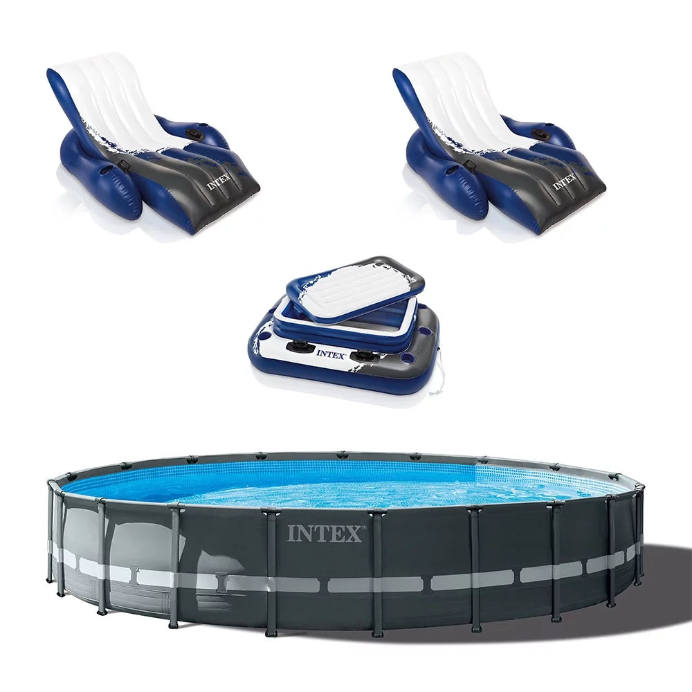 24ft x 52in Round Frame Pool, 2 Pack Loungers, Floating Cooler K95571