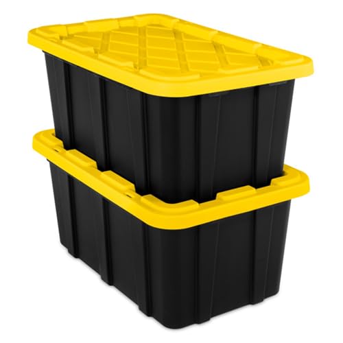 38 Gallon Black/Yellow Stackable Storage Tote with Lid, 8 Pack U4376