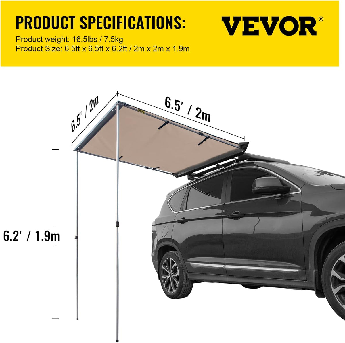 6.5'x6.5' Pull-Out Retractable Waterproof Car Side Awning with Carry Bag T2894