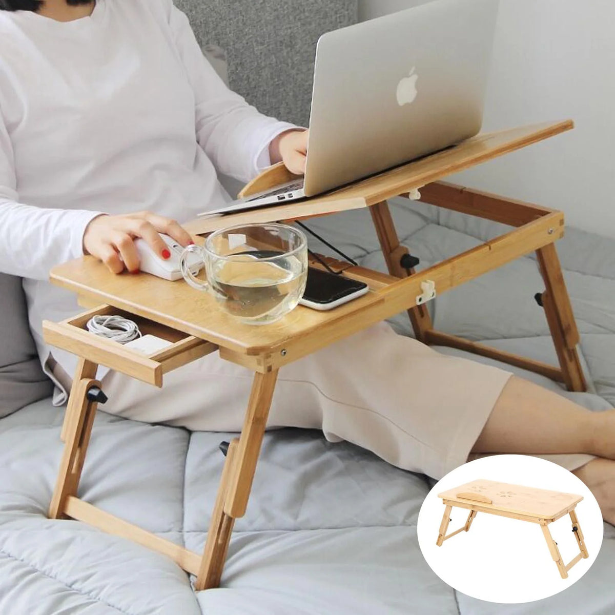 Bamboo Portable Laptop Desk with Tilt Top and Storage Drawer F872797