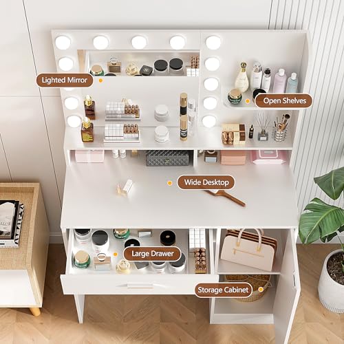 White Vanity Desk with Mirror & Lights V570586