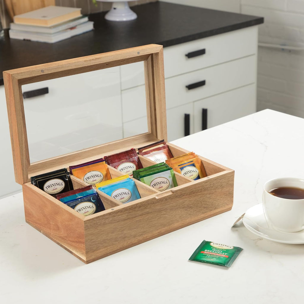 Acacia Wood Tea Bag Storage Box with Clear Acrylic Magnetic Lid M1353