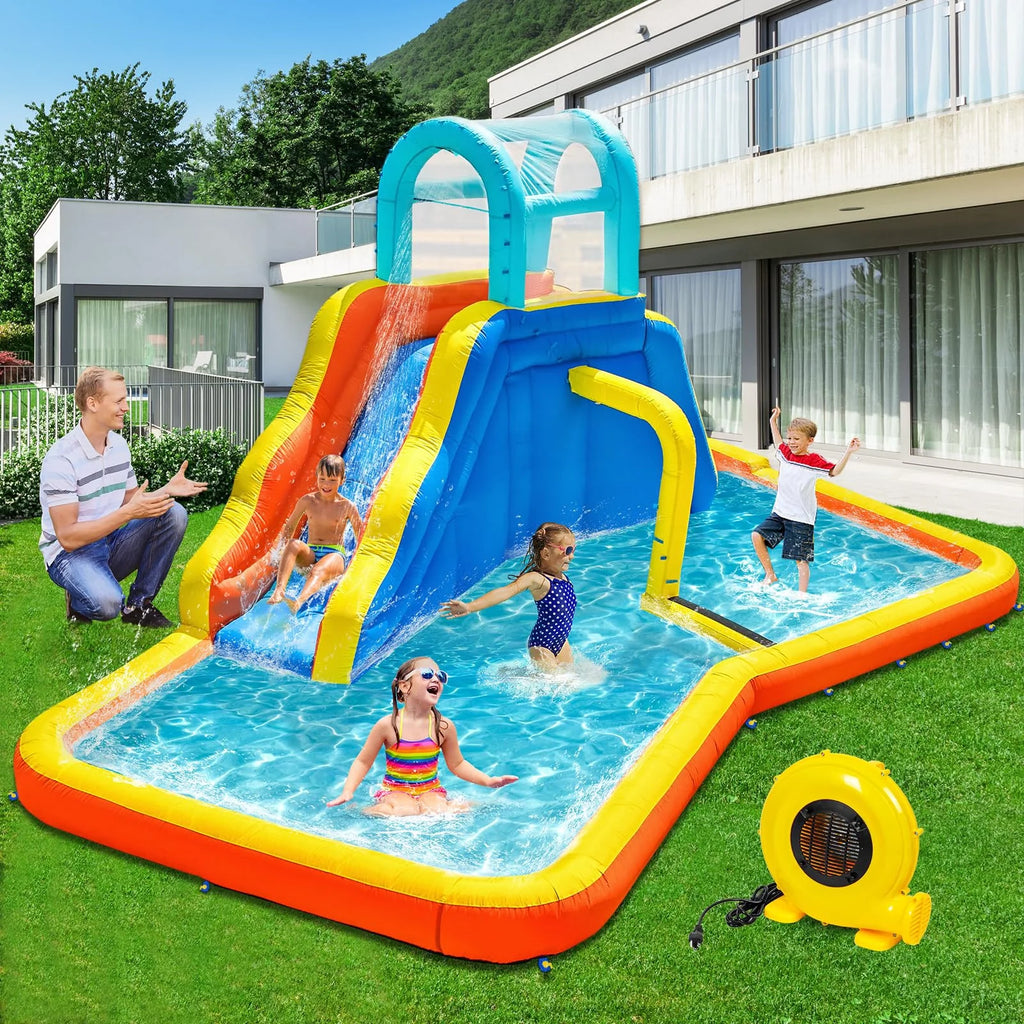 Inflatable Water Slide Park with Spray Pool, Bounce House with Climbing Wall and Blower F42379