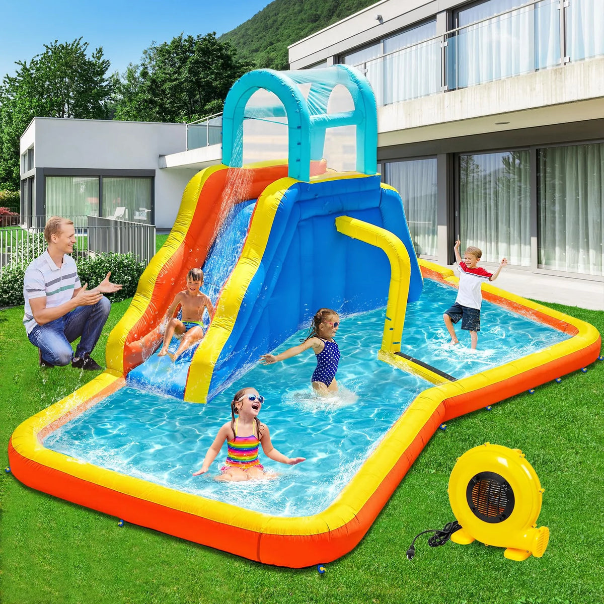 Inflatable Water Slide Park with Spray Pool, Bounce House with Climbing Wall and Blower F42379