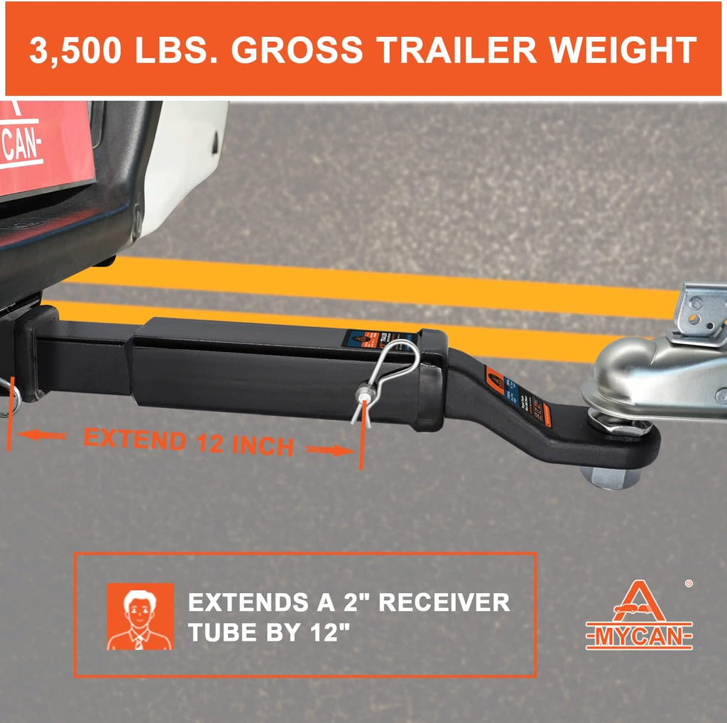 Hitch Extension 12 Long Solid Trailer Extender for 2 Receiver Tube Tow Bar Steel Shank Heavy Duty 3500 lbs Pack of 2 H722