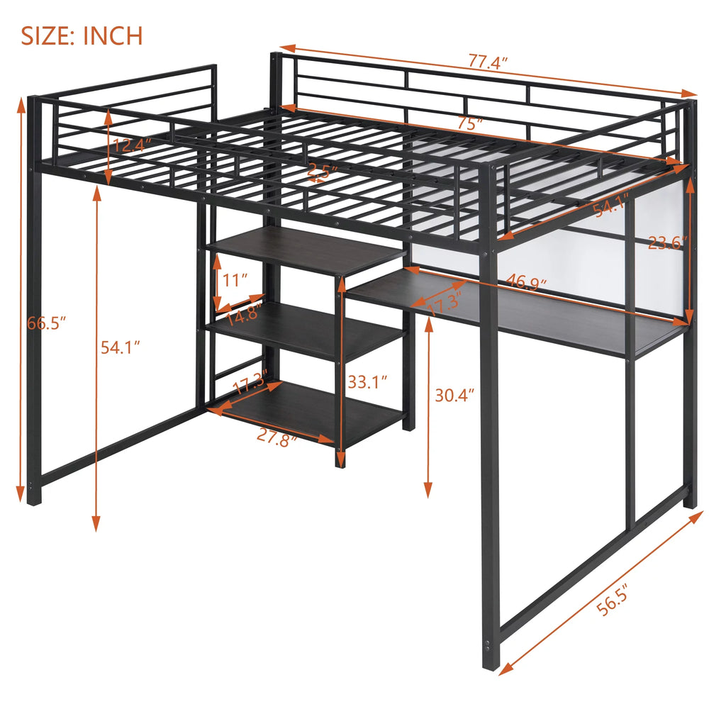 Full Size Black Metal Loft Bed with Desk and Whiteboard N1137