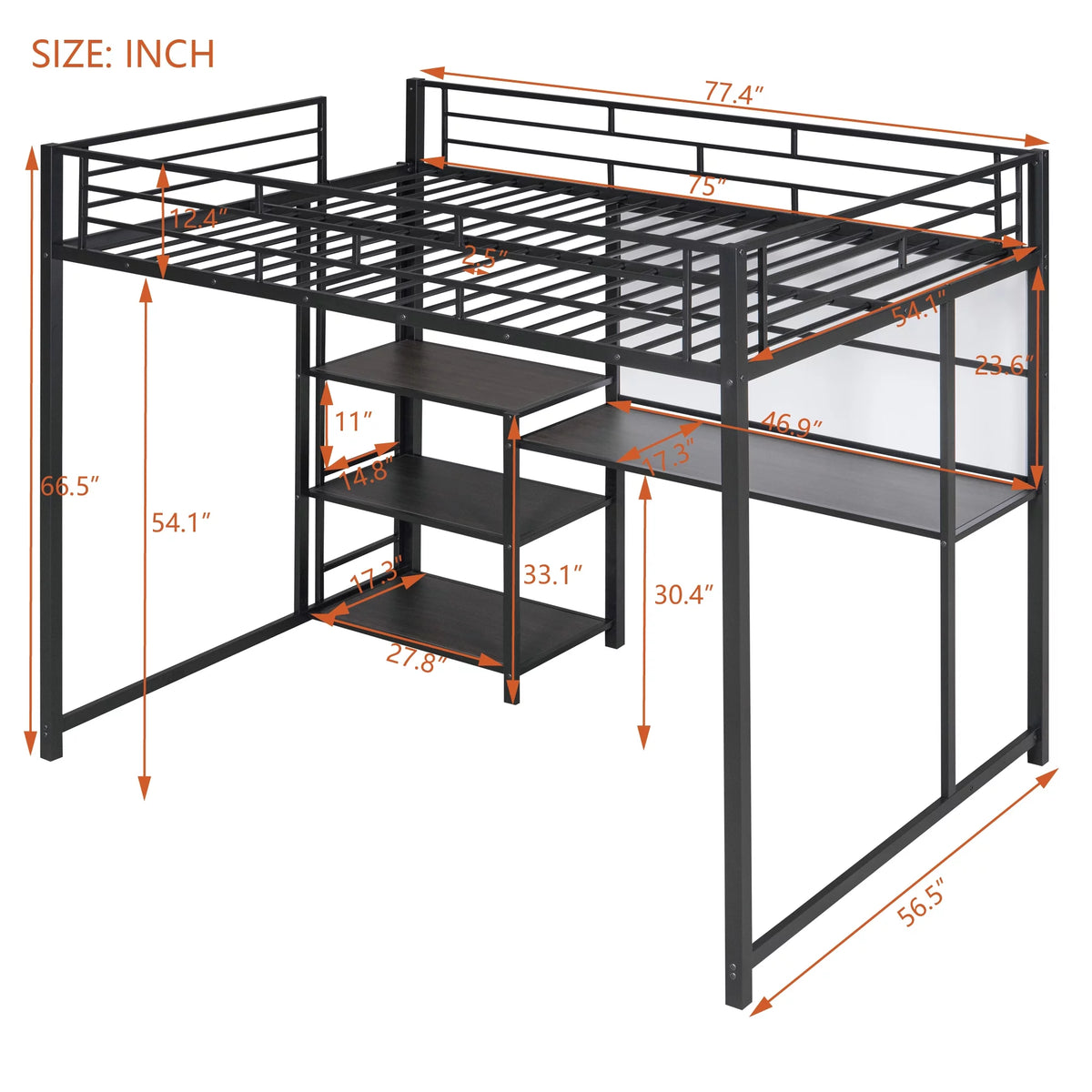 Full Size Black Metal Loft Bed with Desk and Whiteboard N1137