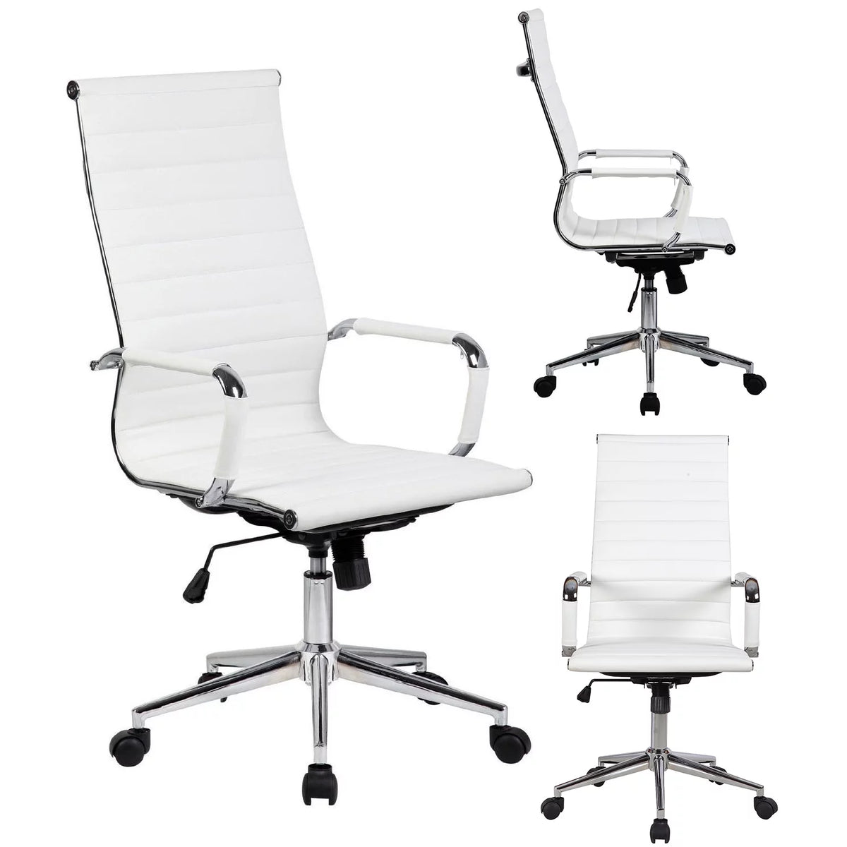 White Mid Century Modern High Back Ribbed PU Leather Ergonomic Office Chair H3536