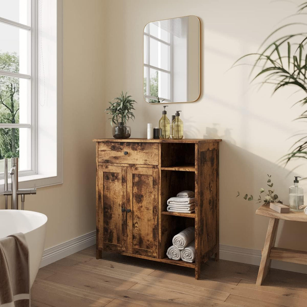 Free-Standing Bathroom Cabinet with 2 Door Drawer Adjustable Shelf 3 Open Shelves X863