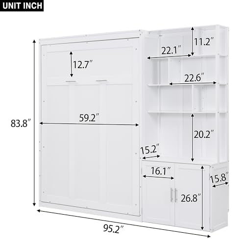 White Wood Full Size Murphy Bed with Storage Shelves R631