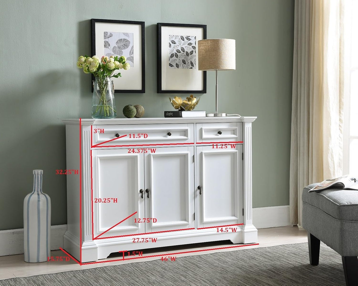 White Wood Buffet Cabinet with Drawers and Shelves O2096