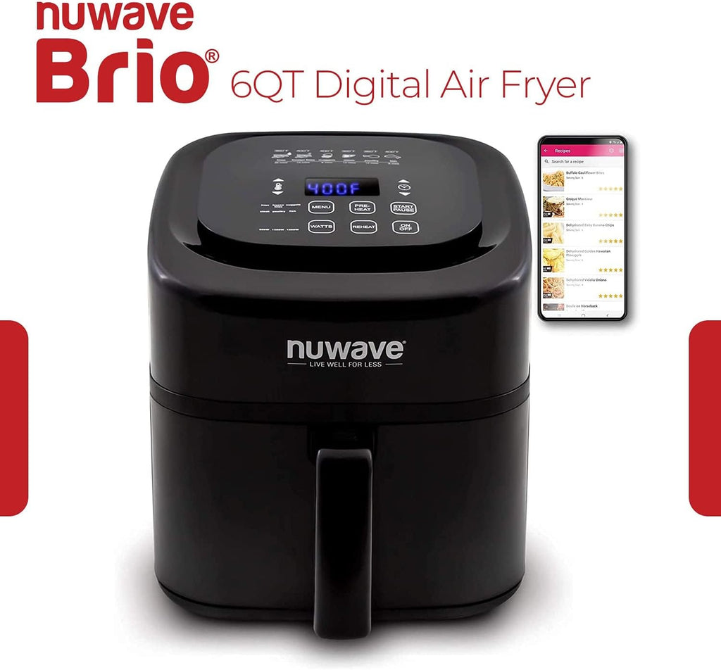 6-Quart Digital Air Fryer with Non-Stick Baking Pan and Stainless-Steel Cooking Rack, Black Q1950