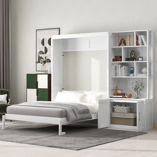 White Wood Full Size Murphy Bed with Storage Shelves R631