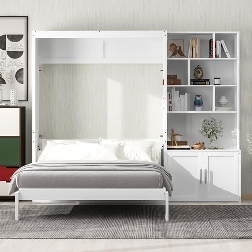White Wood Full Size Murphy Bed with Storage Shelves R631