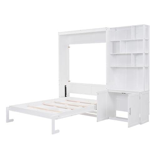 White Wood Full Size Murphy Bed with Storage Shelves R631