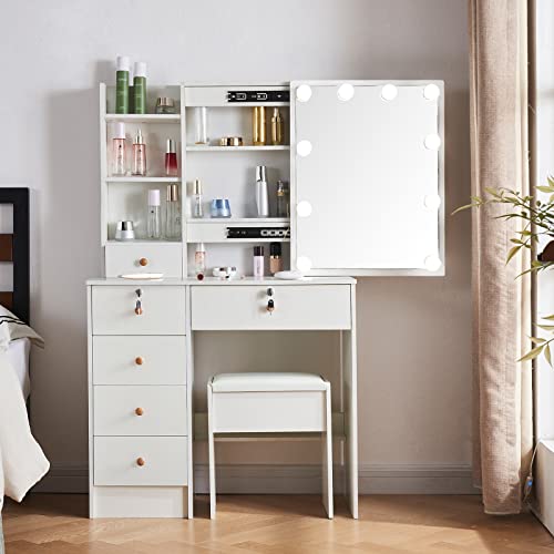 White 5 Drawer Vanity Desk with LED Lights and Mirror W44012