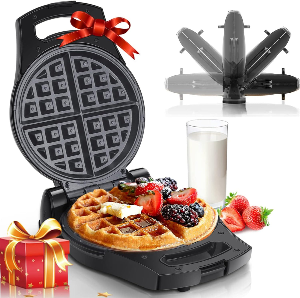 Belgian Waffle Maker 1.2" 8 Inch Flip Non Stick Panini Press Sandwich Maker W852