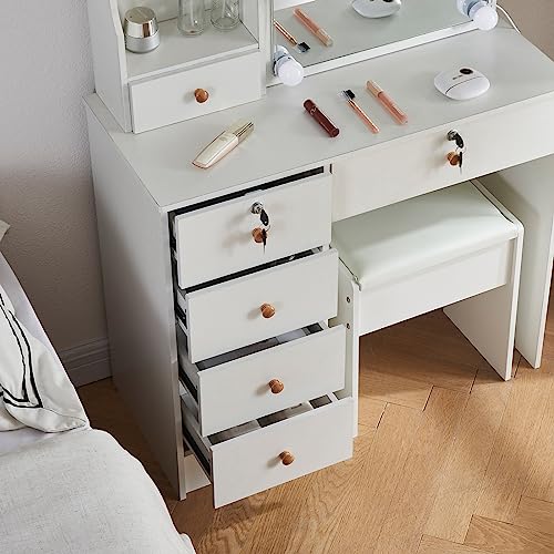 White 5 Drawer Vanity Desk with LED Lights and Mirror W44012