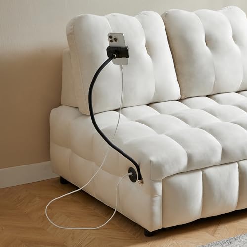 48" Convertible Sleeper Sofa Couch Bed, 3-in-1 Velvet Tufted Pull Out Couch with Charge Ports and Phone Holders, Comfy Modern Loveseat Sleeper Chaise Lounge (Grey) B101