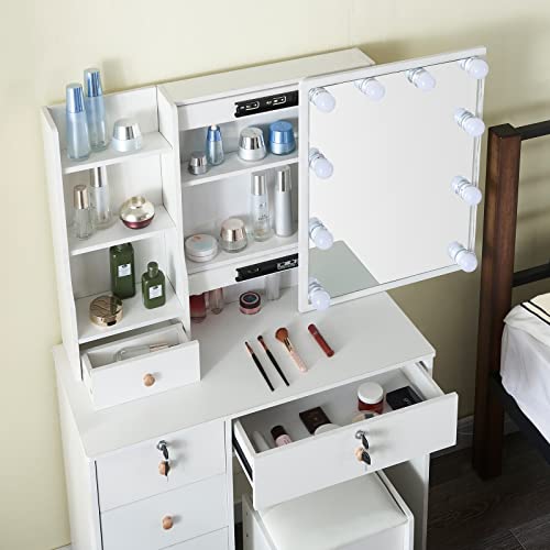 White 5 Drawer Vanity Desk with LED Lights and Mirror W44012