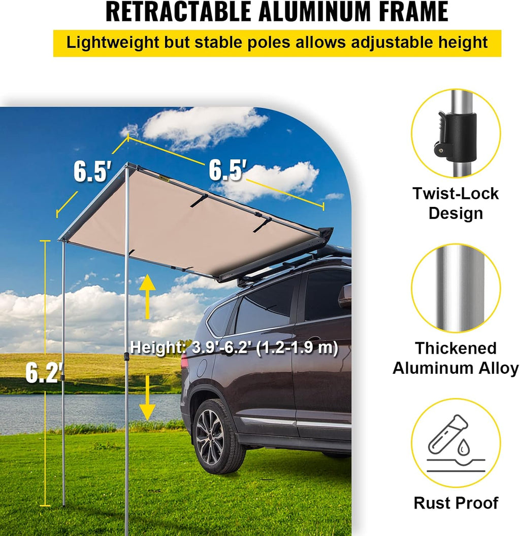 6.5'x6.5' Pull-Out Retractable Waterproof Car Side Awning with Carry Bag T2894