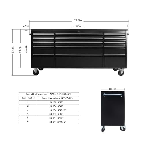 Black 72 in Rolling Tool Chest with Drawers Mobile Tool Cabinet L18259