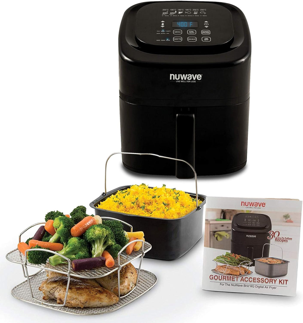 6-Quart Digital Air Fryer with Non-Stick Baking Pan and Stainless-Steel Cooking Rack, Black Q1950