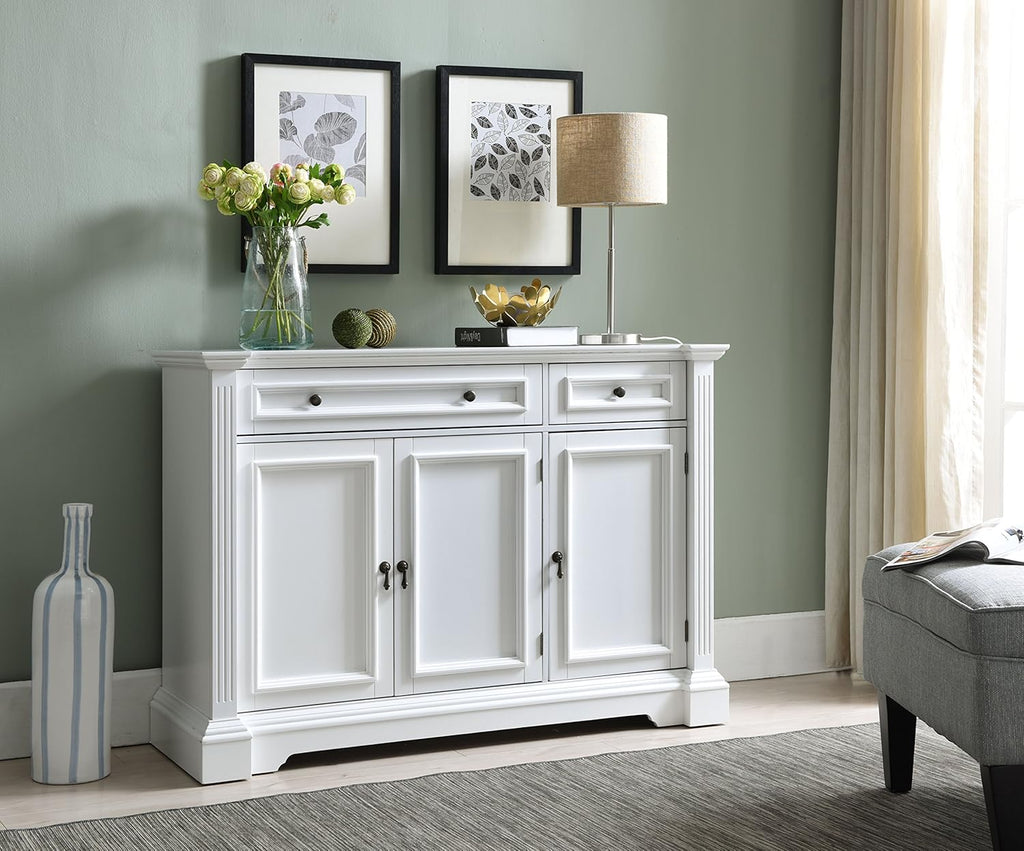 White Wood Buffet Cabinet with Drawers and Shelves O2096