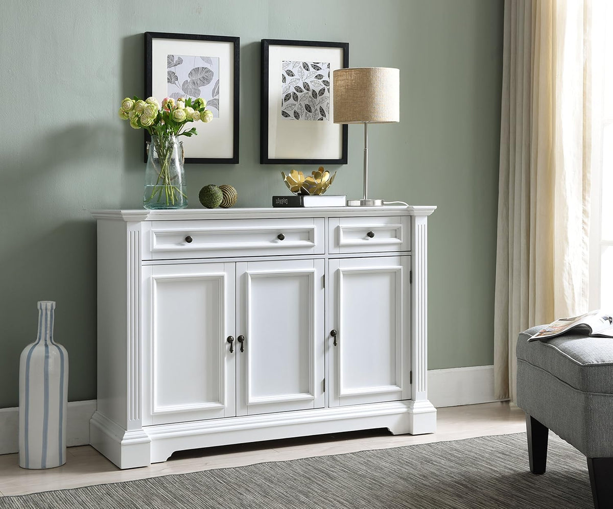 White Wood Buffet Cabinet with Drawers and Shelves O2096