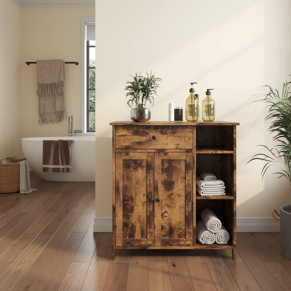 Free-Standing Bathroom Cabinet with 2 Door Drawer Adjustable Shelf 3 Open Shelves X863