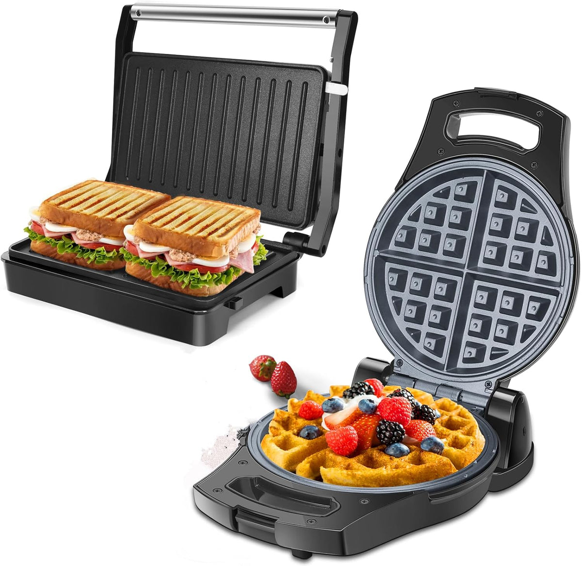 Belgian Waffle Maker 1.2" 8 Inch Flip Non Stick Panini Press Sandwich Maker W852