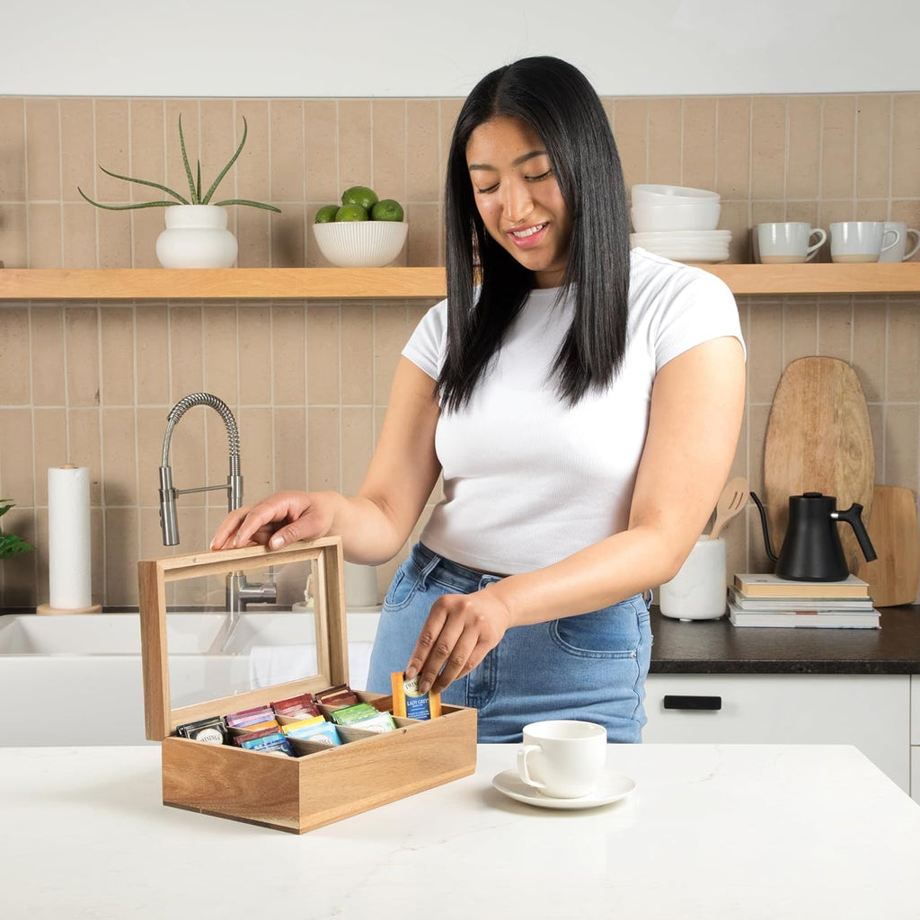 Acacia Wood Tea Bag Storage Box with Clear Acrylic Magnetic Lid M1353