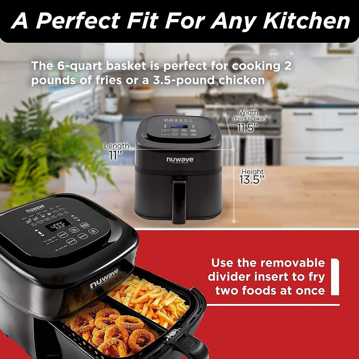 6-Quart Digital Air Fryer with Non-Stick Baking Pan and Stainless-Steel Cooking Rack, Black Q1950