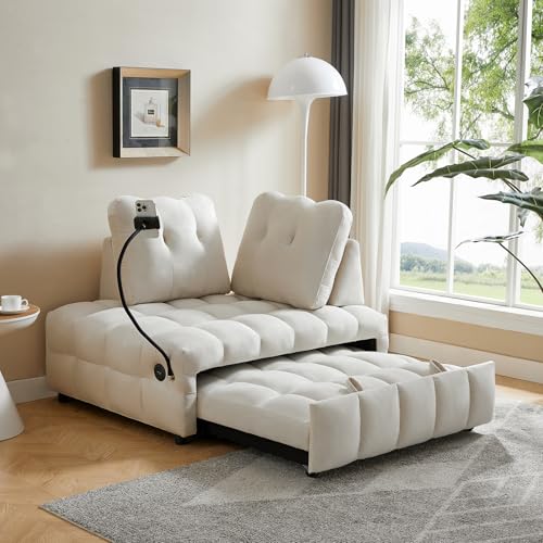 48" Convertible Sleeper Sofa Couch Bed, 3-in-1 Velvet Tufted Pull Out Couch with Charge Ports and Phone Holders, Comfy Modern Loveseat Sleeper Chaise Lounge (Grey) B101