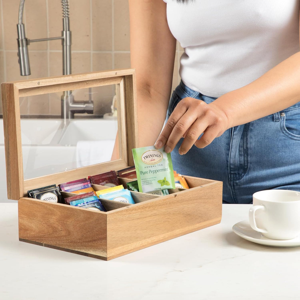 Acacia Wood Tea Bag Storage Box with Clear Acrylic Magnetic Lid M1353