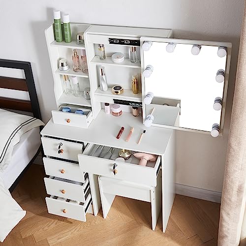 White 5 Drawer Vanity Desk with LED Lights and Mirror W44012