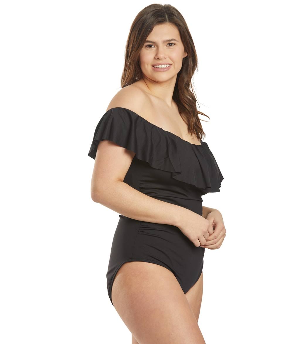 Plus Size Off-The-Shoulder One-Piece Swimsuit - Black L507