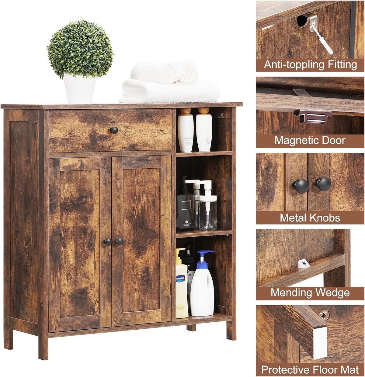 Free-Standing Bathroom Cabinet with 2 Door Drawer Adjustable Shelf 3 Open Shelves X863