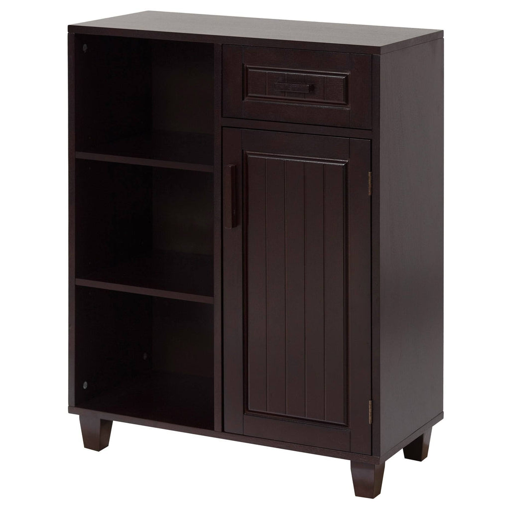 Dark Birch Floor Cabinet with 1 Door 1 Drawer and 3 Open Shelves Y5854