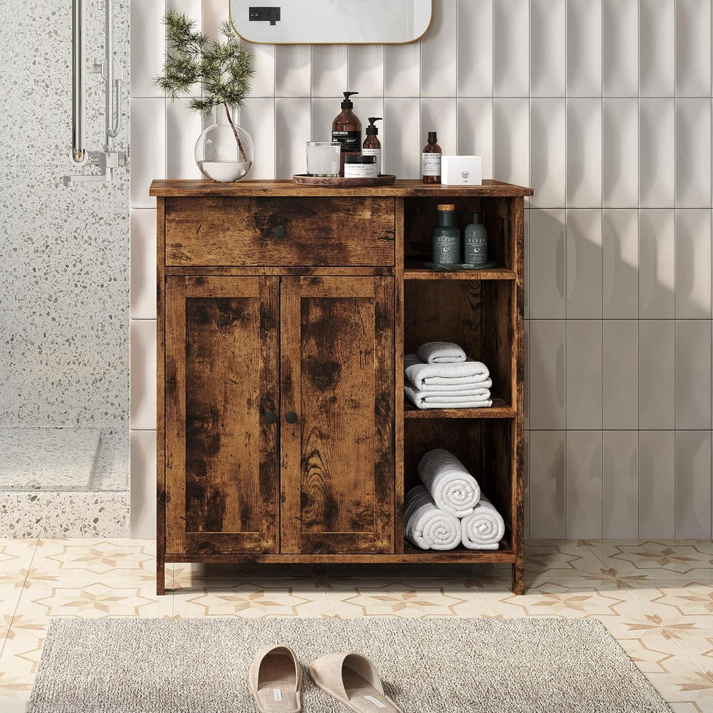 Free-Standing Bathroom Cabinet with 2 Door Drawer Adjustable Shelf 3 Open Shelves X863